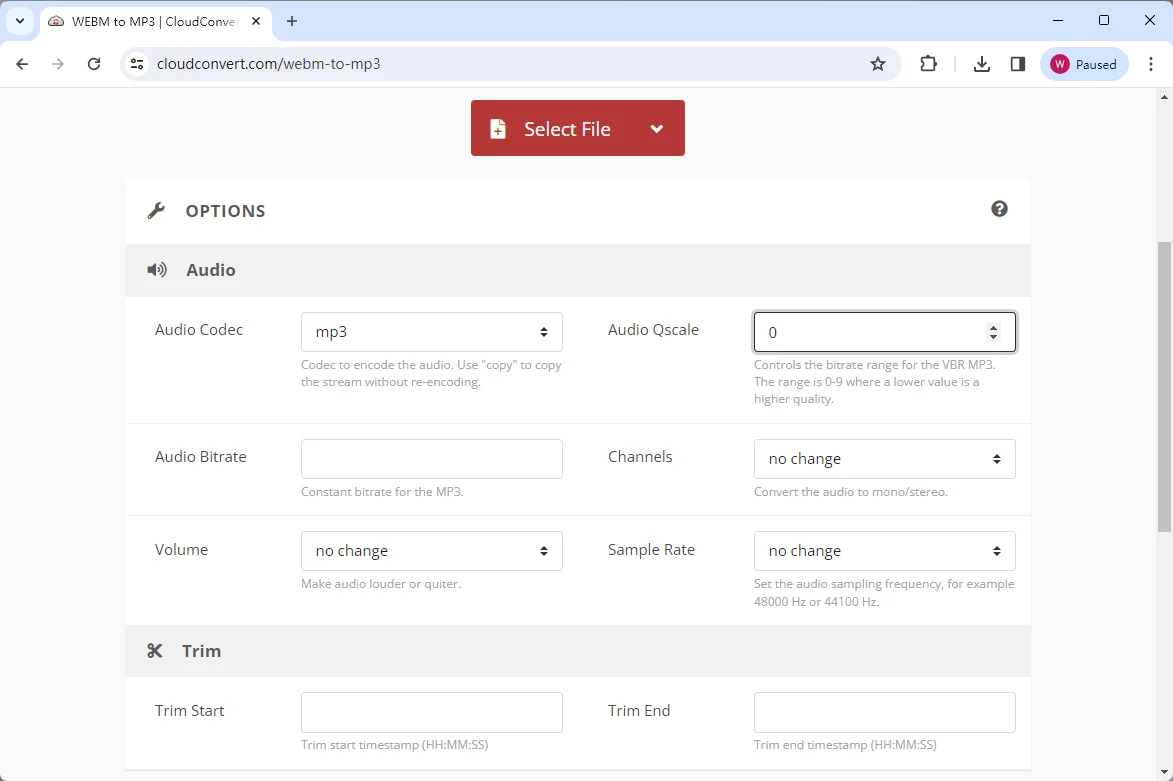 Настройки MP3 в CloudConvert: кодек, качество, битрейт, каналы и частота