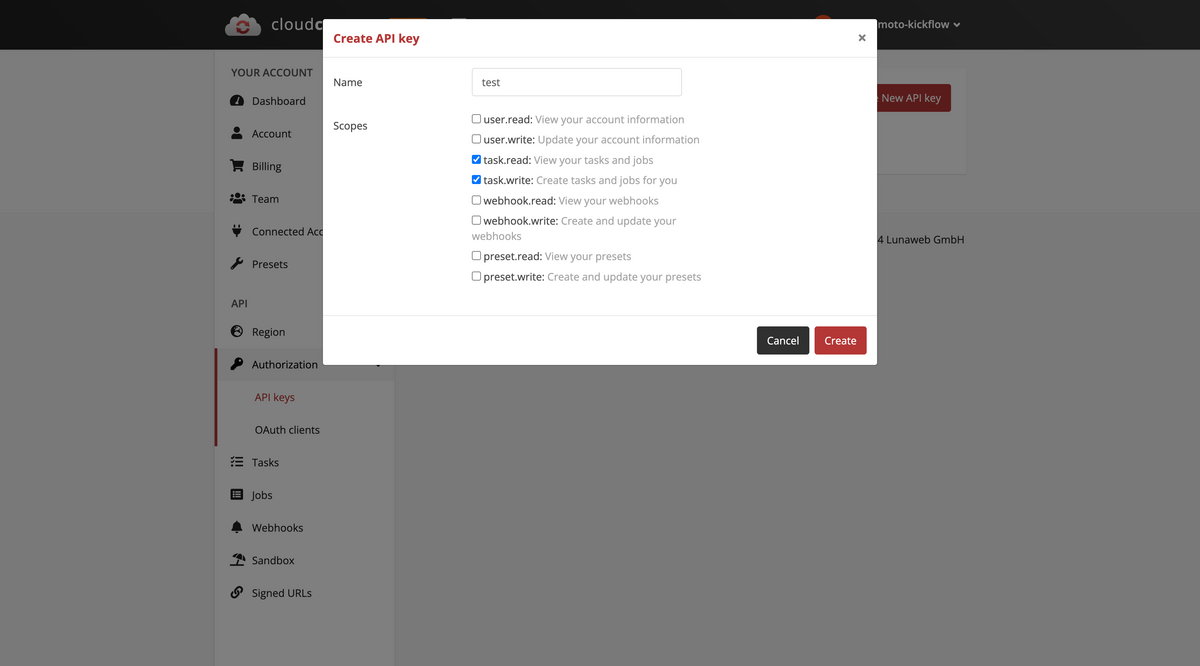 Создание API-ключа CloudConvert с выбором прав доступа