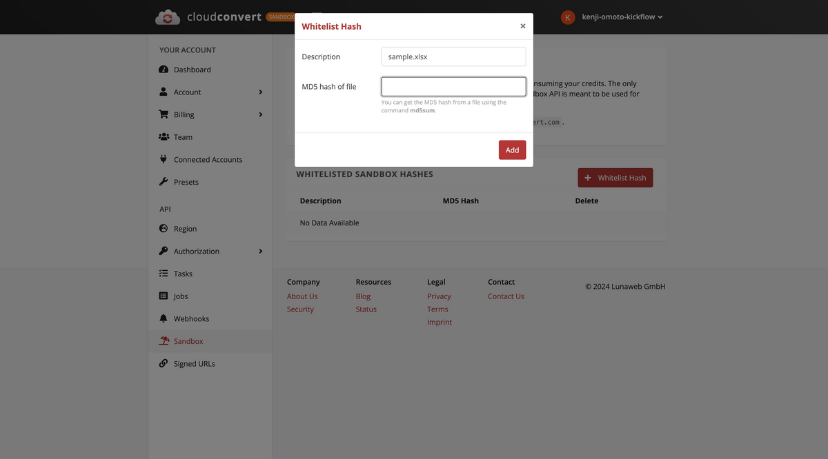Добавление контрольной суммы файла в Sandbox CloudConvert