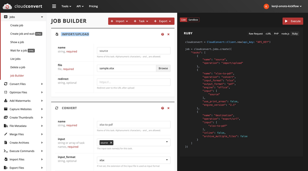 Job Builder CloudConvert с задачами импорта, преобразования и экспорта