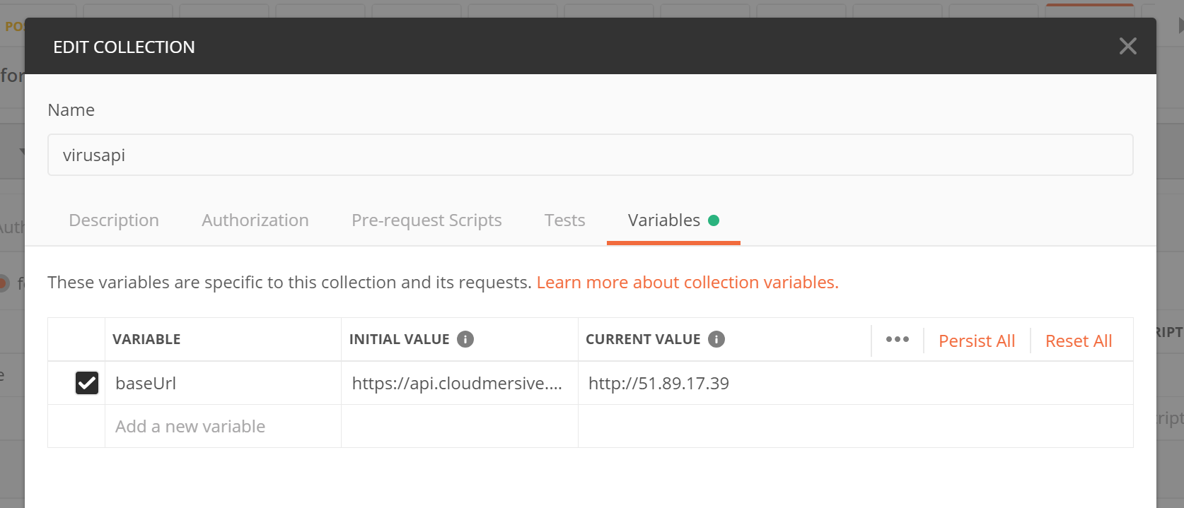 Настройка базового адреса API в Postman