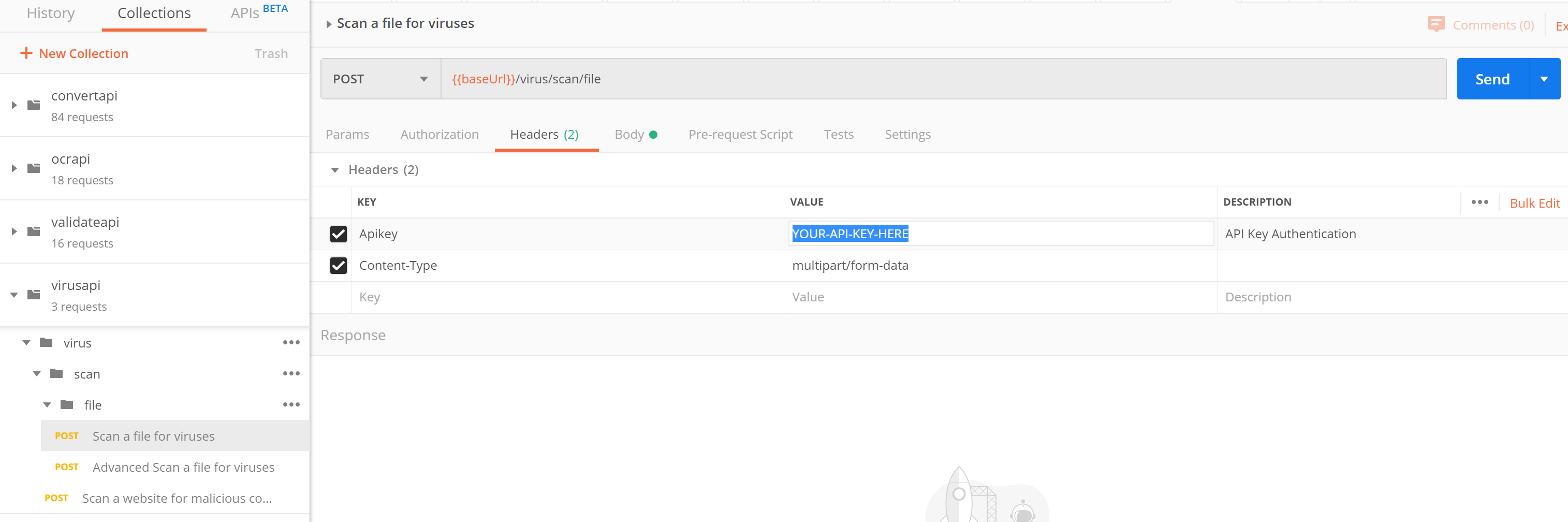 Заголовок Apikey в Postman для запросов Cloudmersive