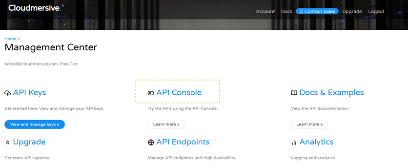 Cloudmersive Management Center с разделами API Keys, API Console, API Endpoints и Analytics
