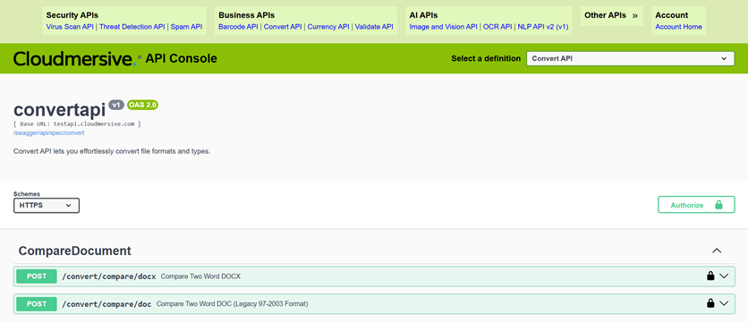 Swagger-интерфейс Cloudmersive API Console с группами методов и кнопкой авторизации