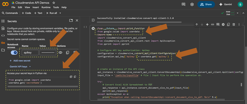 Пример безопасного подключения API-ключа Cloudmersive в среде Google Colab