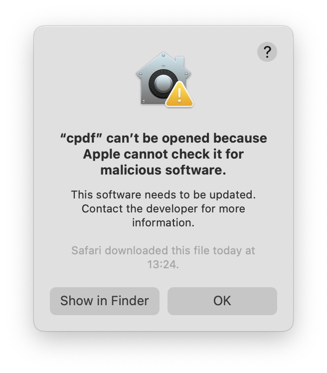 Предупреждение macOS при первом запуске cpdf