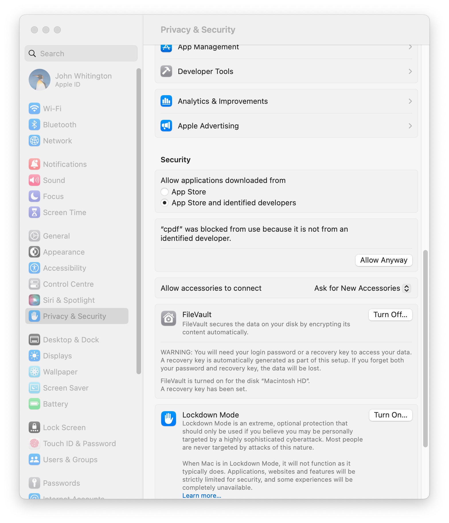 Разрешение запуска cpdf в Privacy and Security macOS