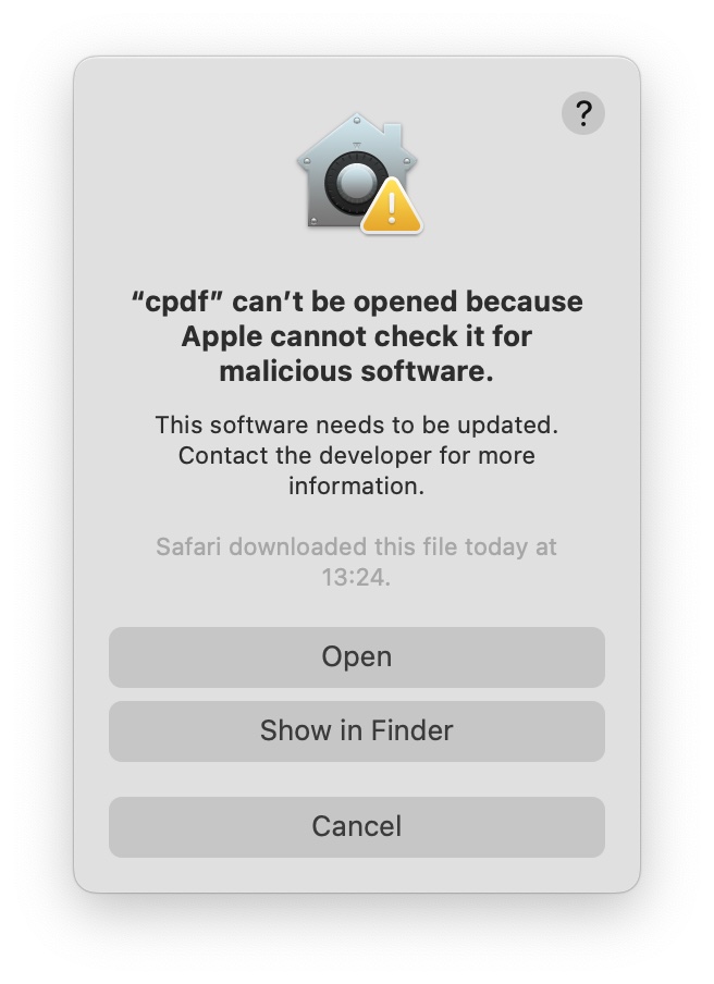 Подтверждение открытия cpdf в macOS