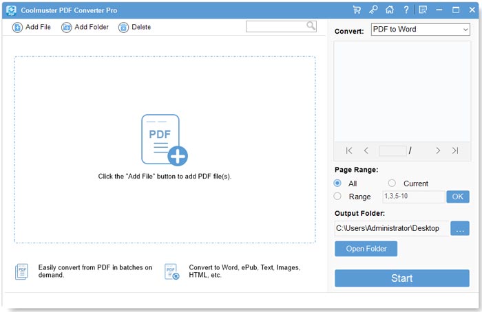 Главное окно Coolmuster PDF Converter Pro до добавления документов