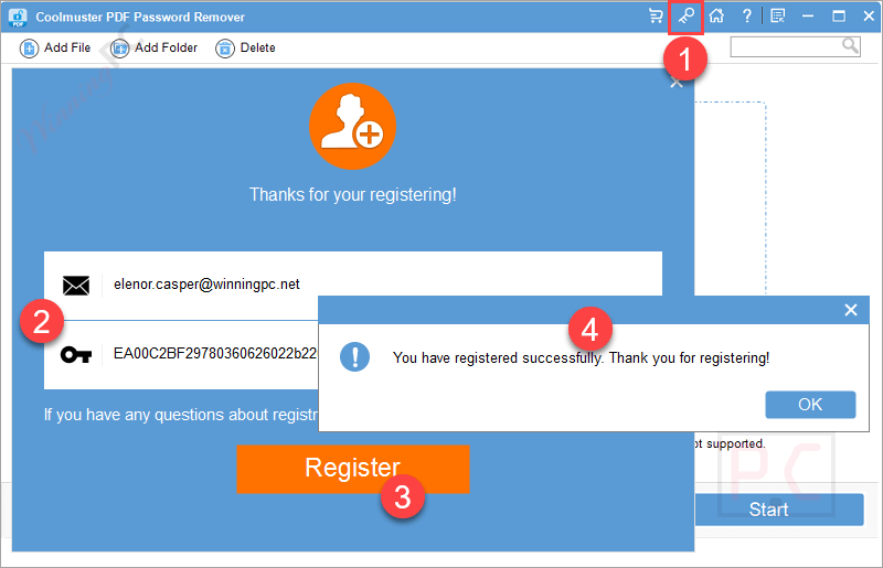 Форма регистрации Coolmuster PDF Password Remover