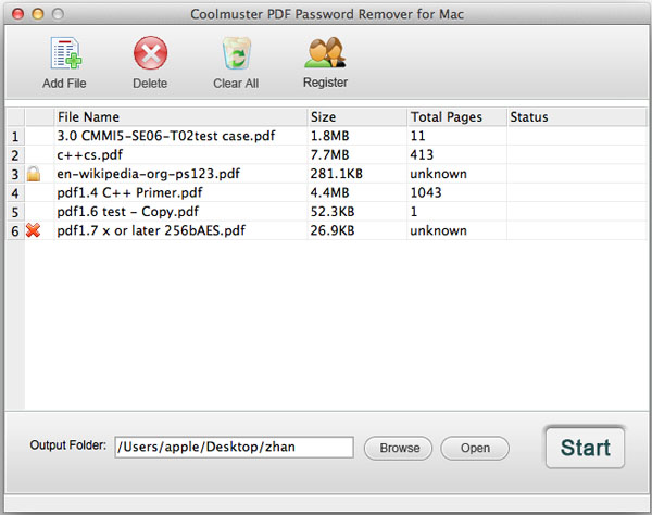 Список PDF в интерфейсе Coolmuster PDF Password Remover для macOS