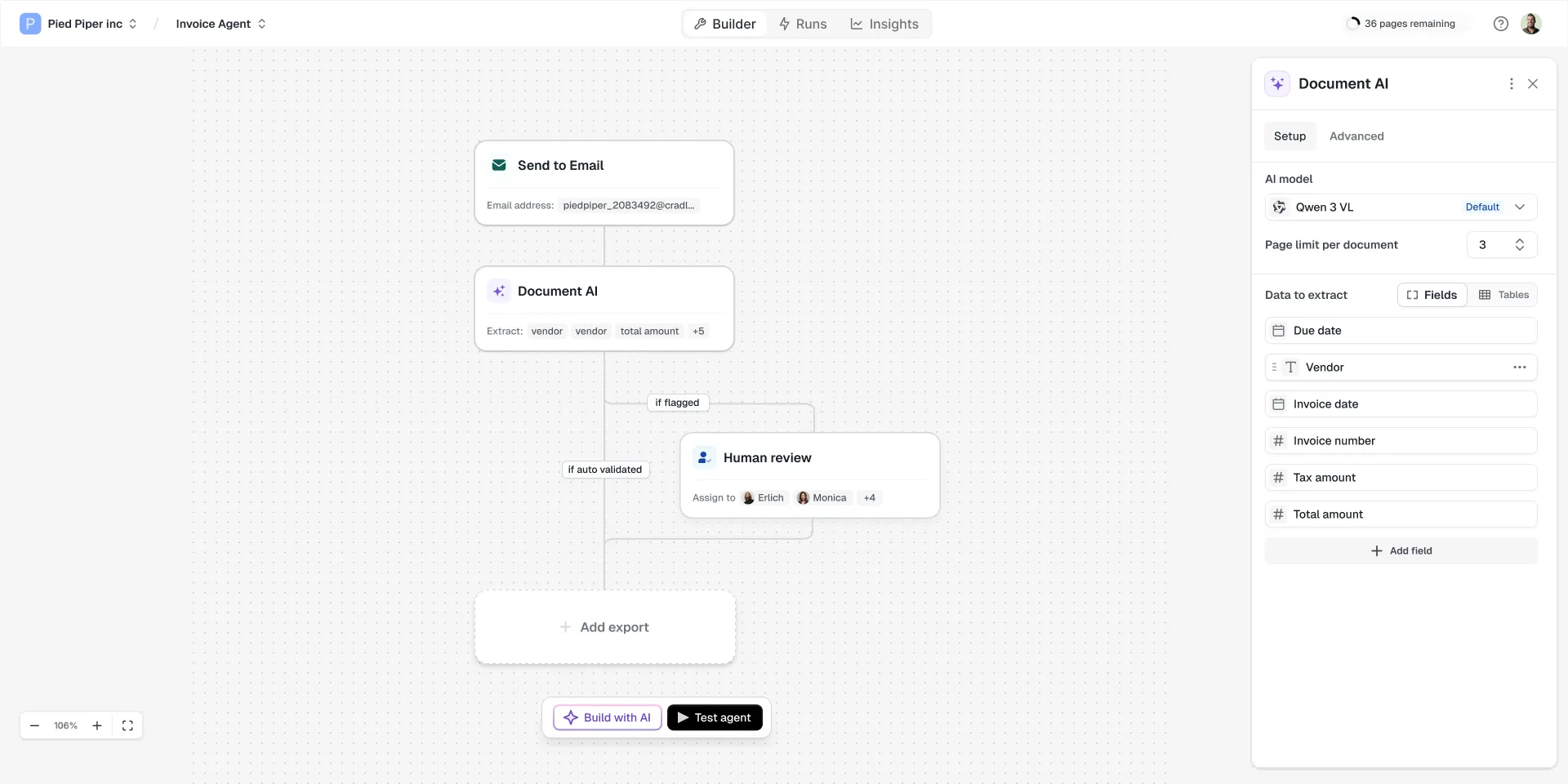 Builder Cradl AI с выбранным узлом Document AI и его настройками