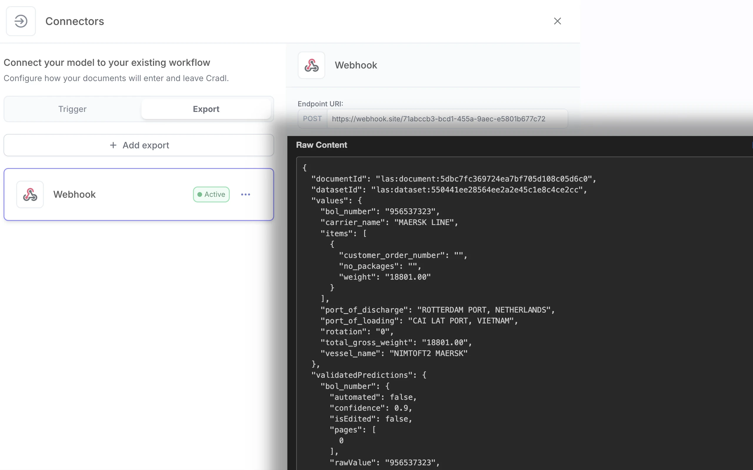 Настройка webhook и пример JSON результата Cradl AI