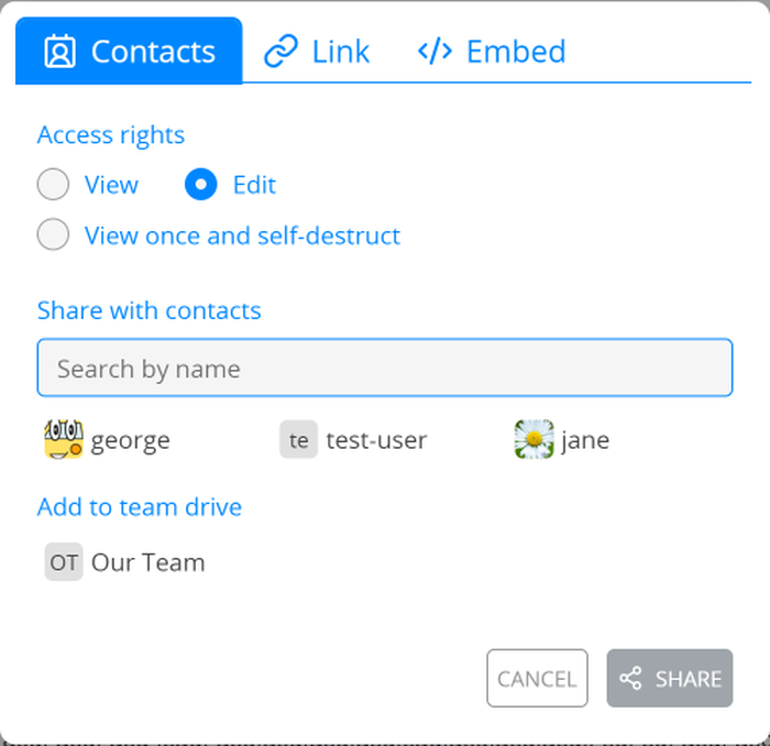 Вкладка Contacts в окне Share