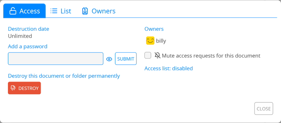Основная вкладка Access с паролем и владельцами