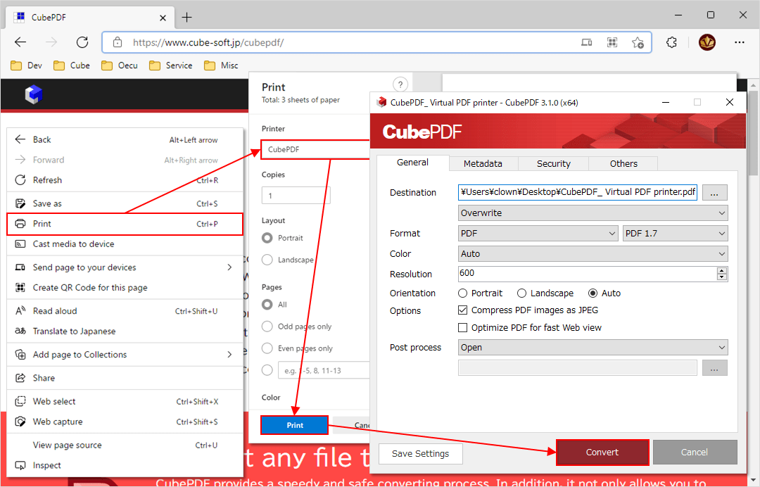 Схема печати в CubePDF и окно параметров конвертации