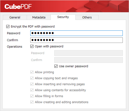 Настройки пароля и разрешений CubePDF
