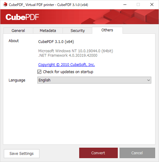 Вкладка сведений и выбора языка CubePDF
