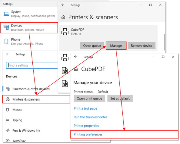 Путь к настройкам печати CubePDF в Windows