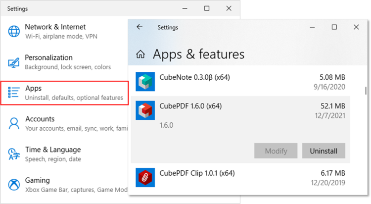 Удаление CubePDF через список программ Windows