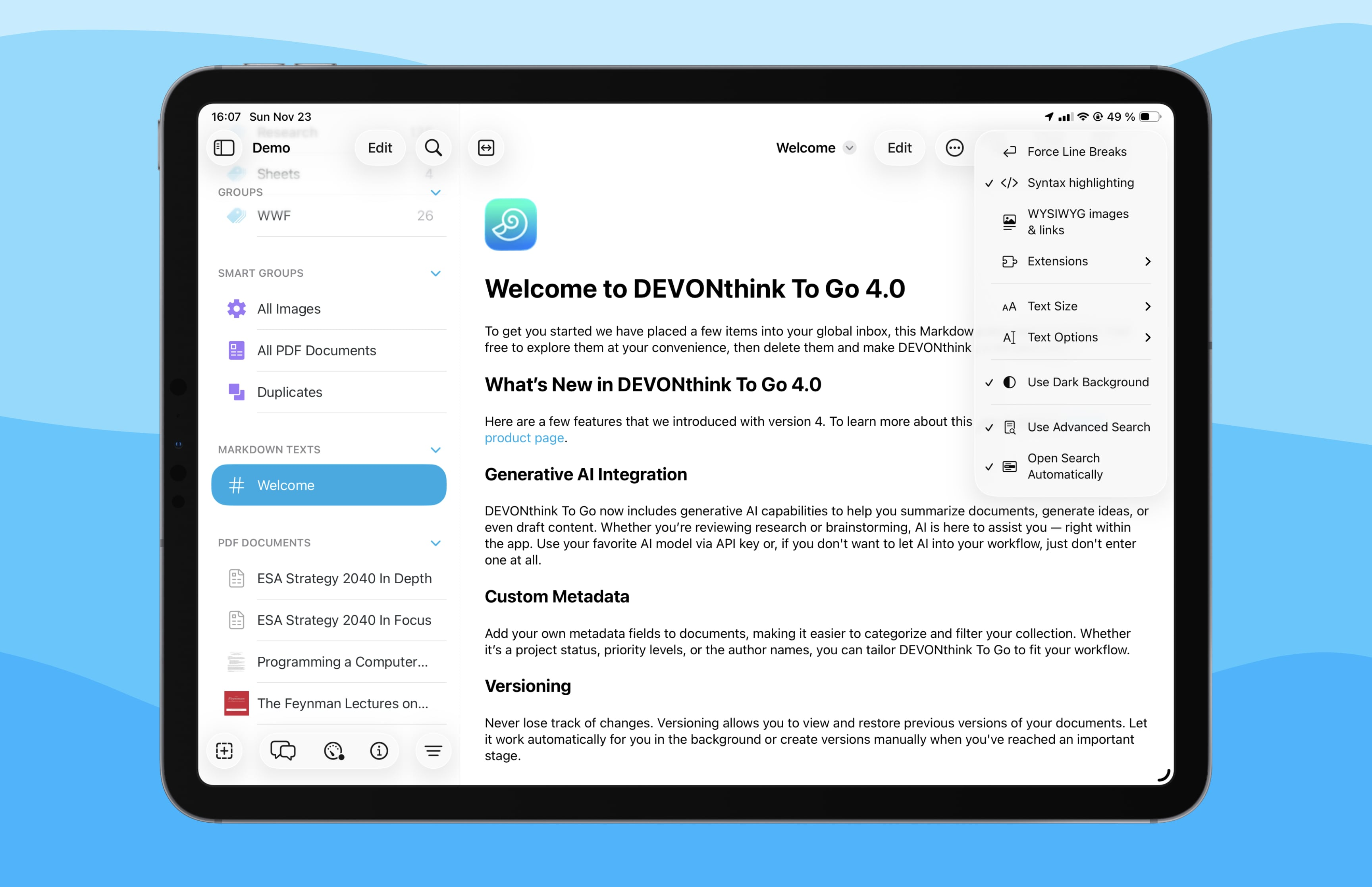 Редактирование Markdown на iPad с панелями базы и документа