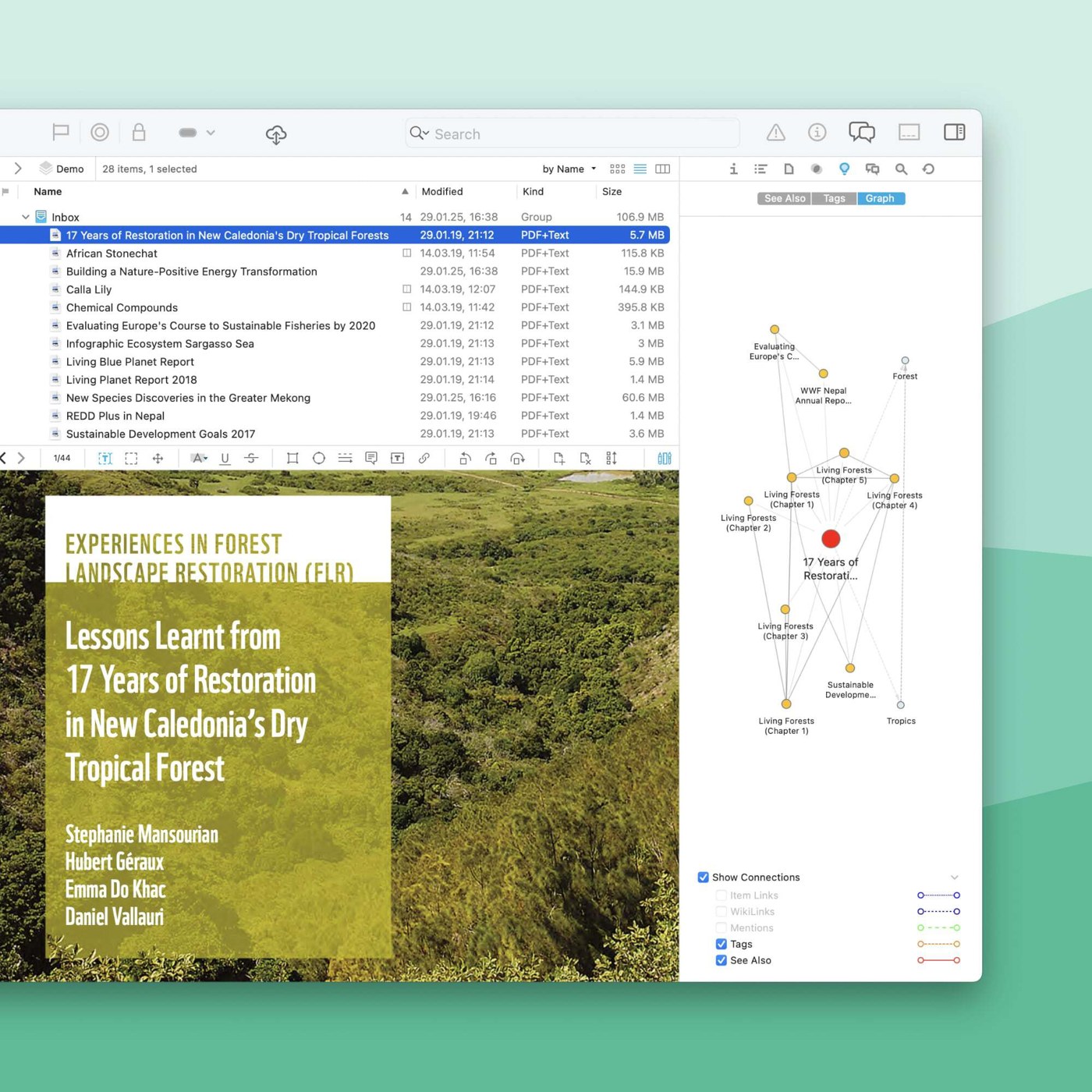 Главное окно DEVONthink с PDF и графом связей