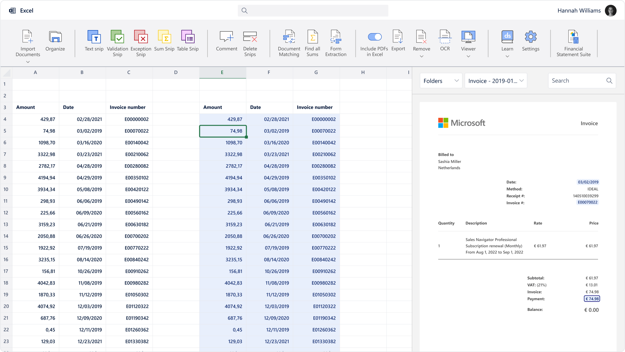 Интерфейс DataSnipper в Excel с Document Viewer и сопоставленными строками