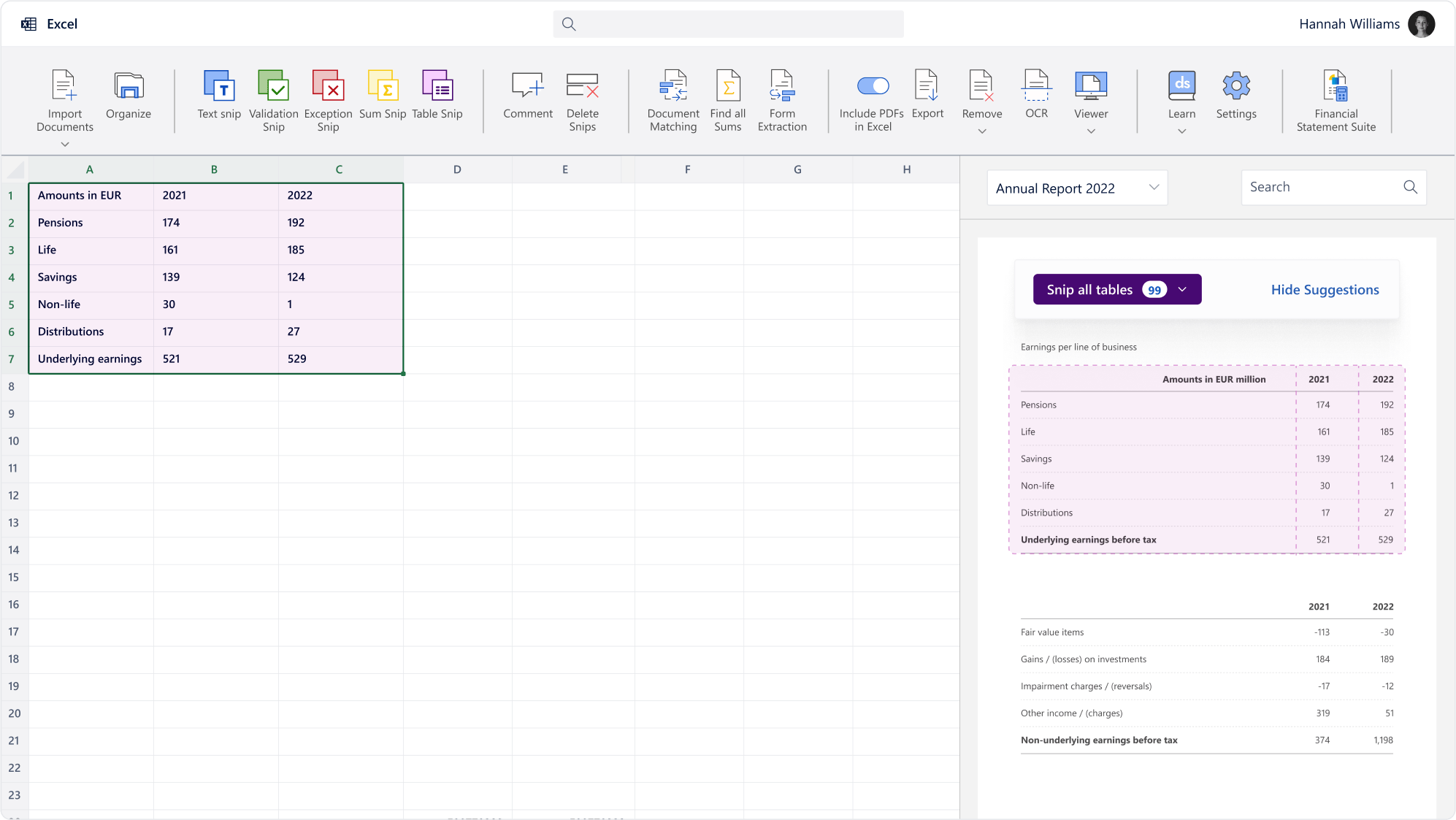 Table Snip в DataSnipper с предложением извлечь таблицу