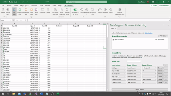 Настройки столбцов Document Matching в DataSnipper