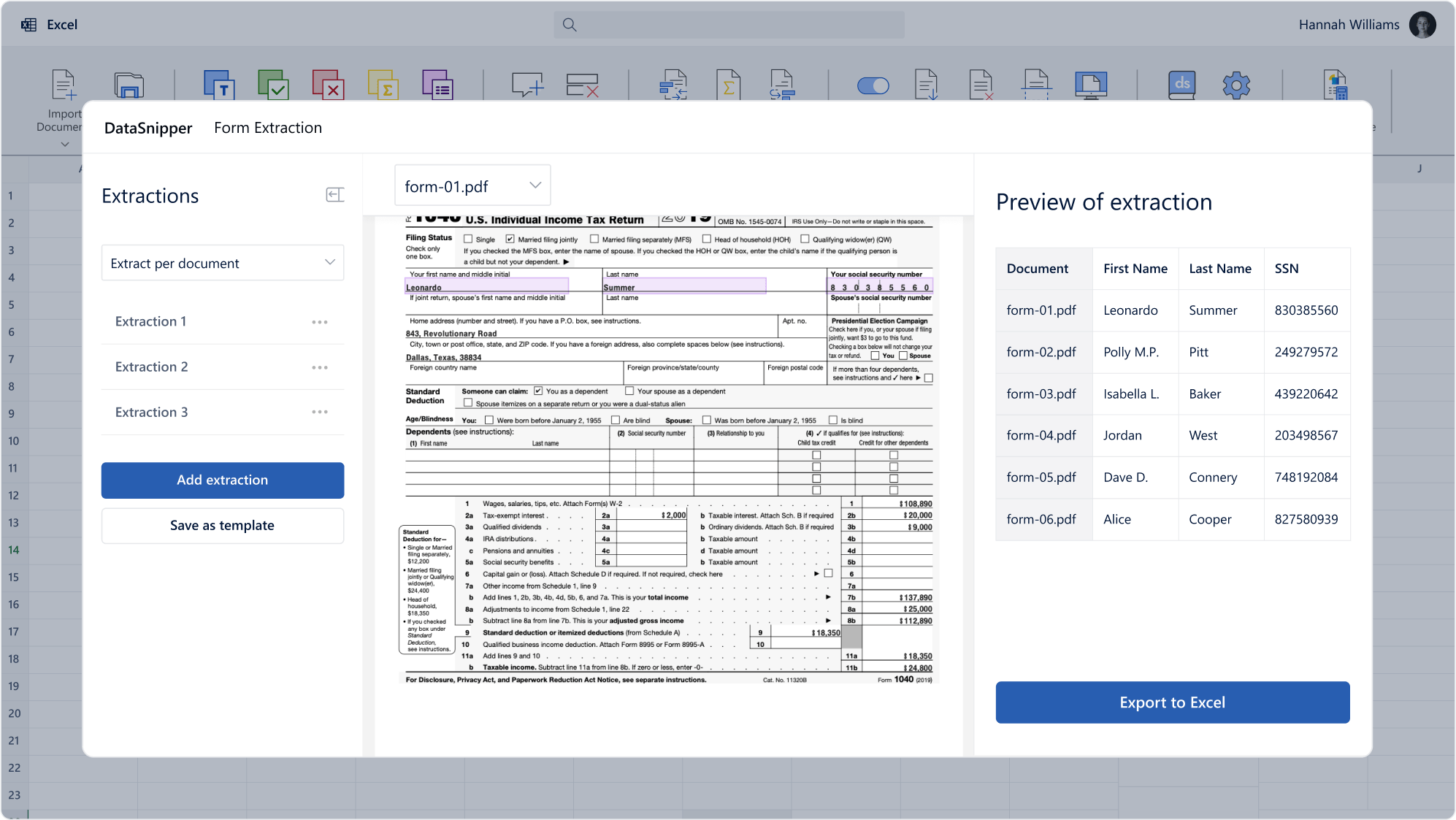 Окно Form Extraction с предпросмотром полей