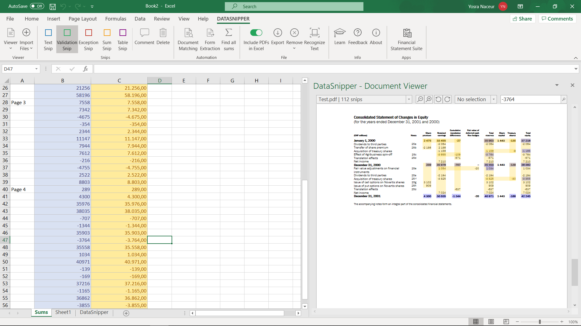 Результаты Find all Sums в DataSnipper