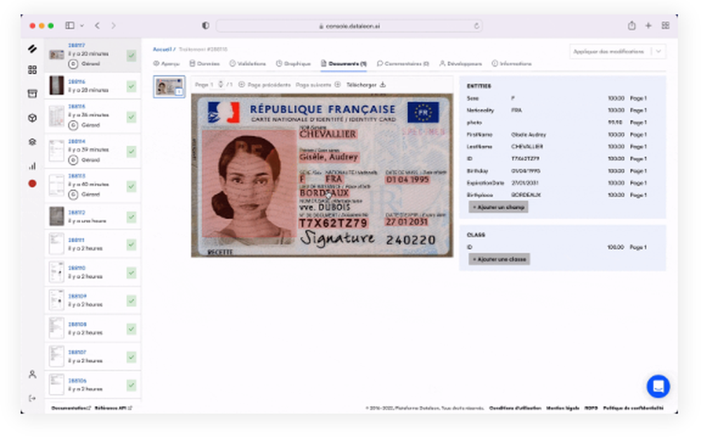 Удостоверение личности и извлечённые поля в Dataleon