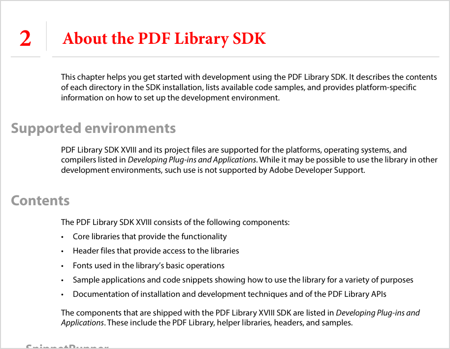 Компоненты и среды Adobe PDF Library в руководстве