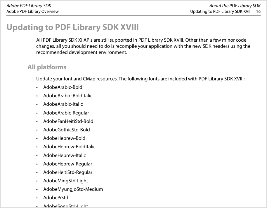 Список ресурсов и файлов Adobe PDF Library