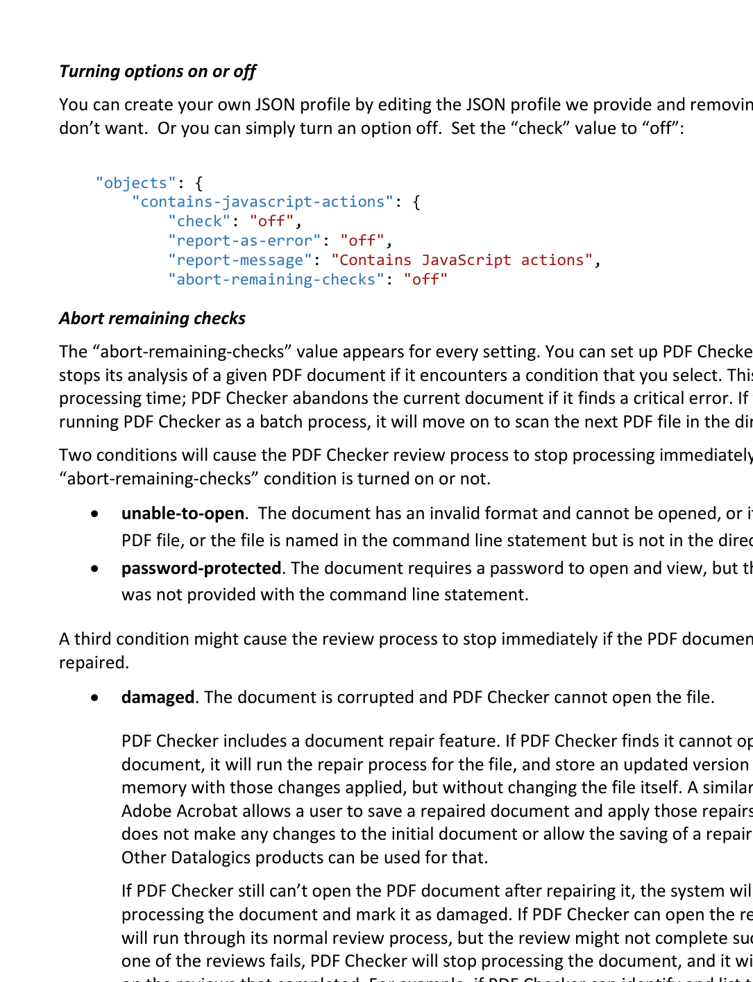 Настройка check и abort-remaining-checks в профиле PDF Checker