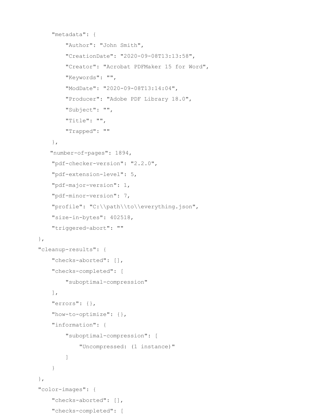 Метаданные и шрифтовые результаты в JSON-отчёте