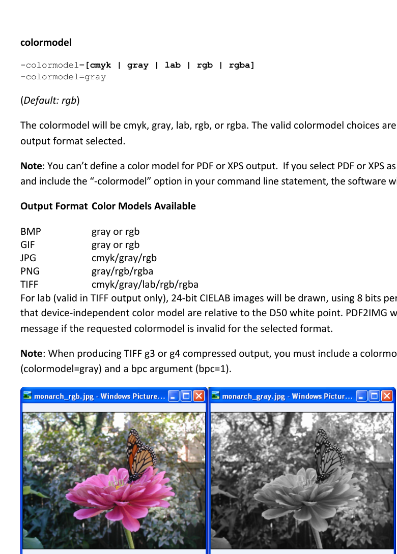 Поддерживаемые цветовые модели PDF2IMG и пример RGB и grayscale