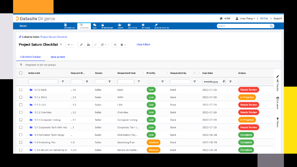 Tracker с запросами, ответственными, приоритетами и цветными статусами