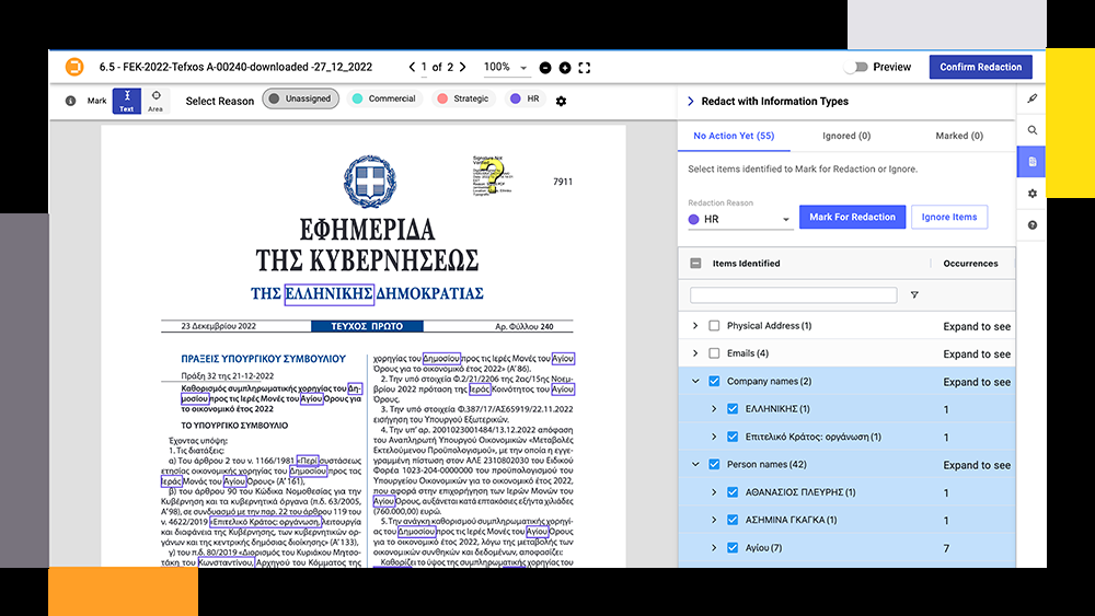 Окно Redaction AI с типами информации и подтверждением предложений
