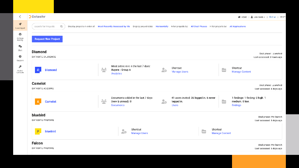 Стартовая страница Datasite Diligence со списком проектов