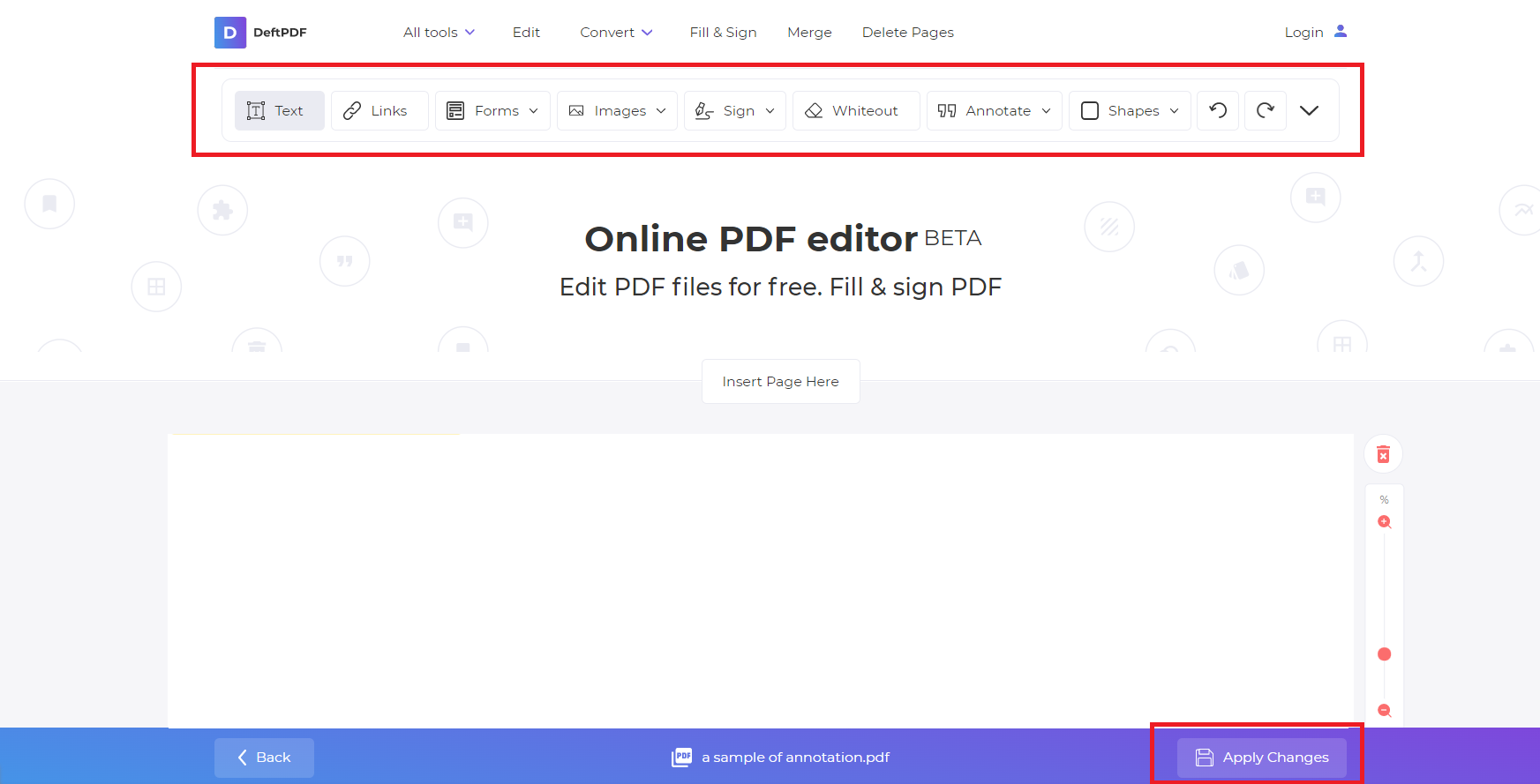 Пустой документ в редакторе DeftPDF и панель объектов