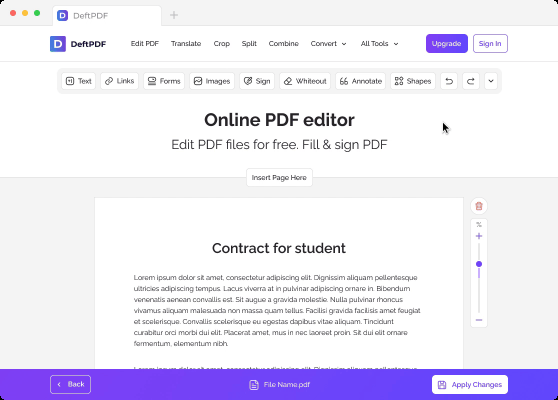Редактор DeftPDF с открытым документом и командами текста, ссылок и подписи