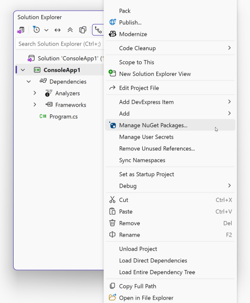Команда управления пакетами NuGet в Visual Studio
