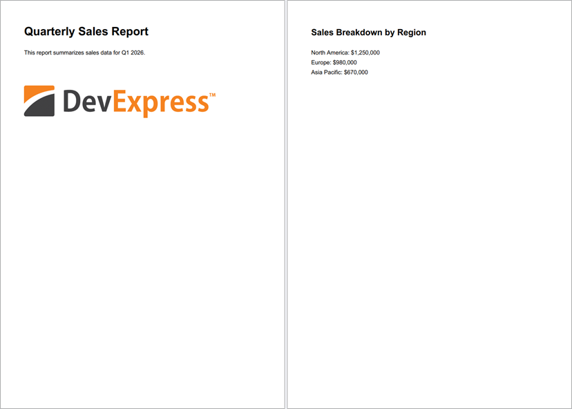 Двухстраничный PDF, созданный через DevExpress PDF Document API