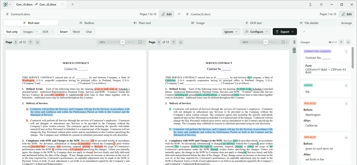 Rich text и список изменений в Diffchecker Desktop