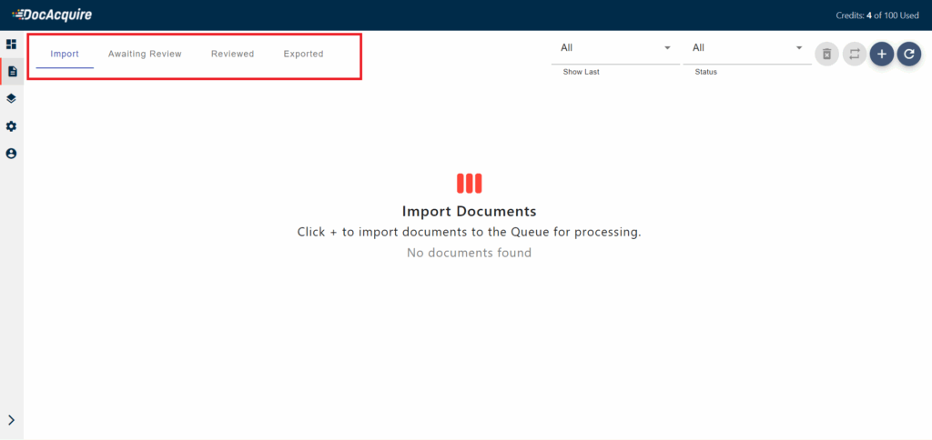 Пустая очередь Import и вкладки Awaiting Review, Reviewed и Exported