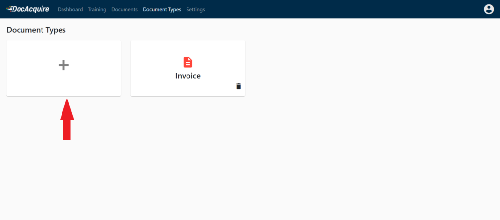 Раздел Document Types с карточкой Invoice и кнопкой создания типа