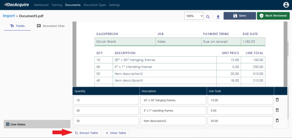 Проверка документа и команда Extract Table в DocAcquire