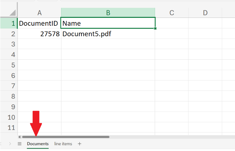 Лист Documents в Excel после экспорта из DocAcquire