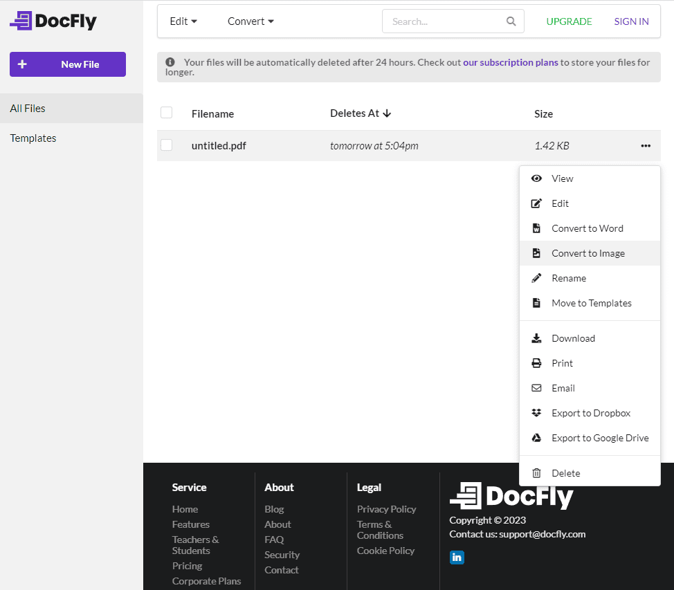 Меню действий с файлом в панели DocFly